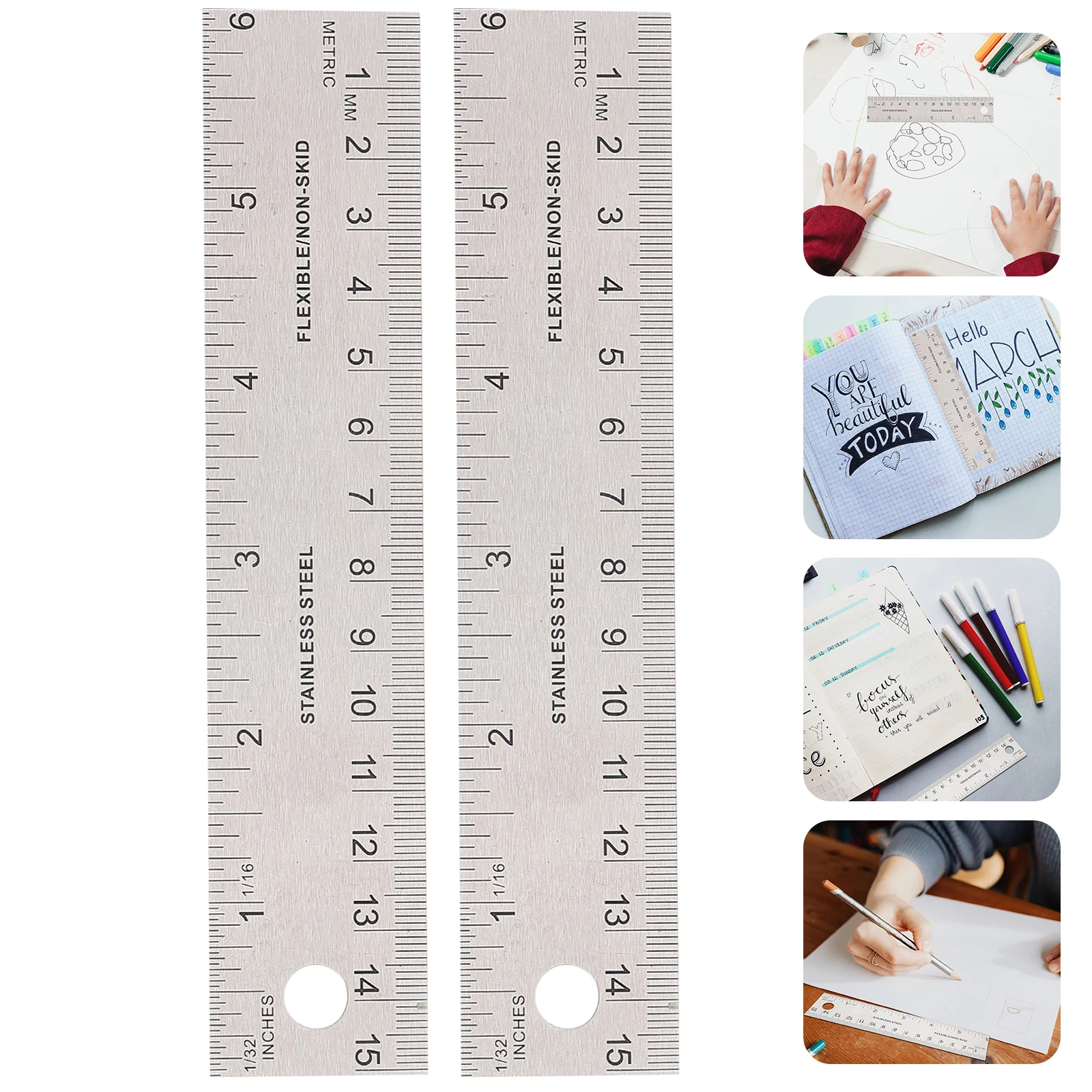 2pcs Soft Cork Ruler 15cm Stainless Straight Edge for Drawing Graphic Design Teaching Engineering