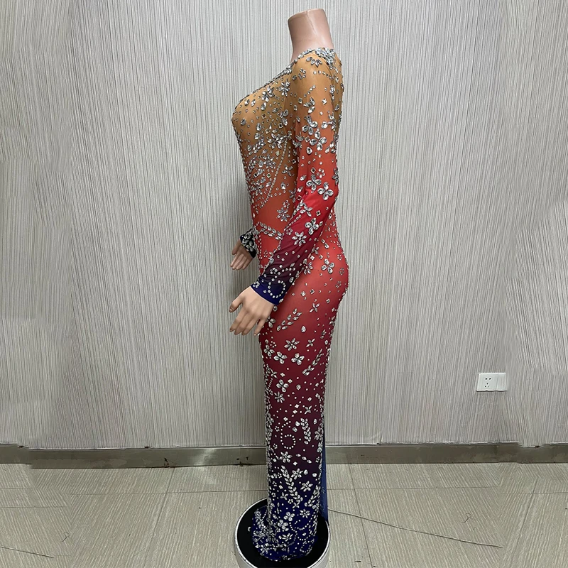 반짝 이는 그라디언트 라인 석 드레스 긴 소매 댄스 파티 드레스 이브닝 드레스 여성 생일 축하 의상 레이브 복장 XS5693