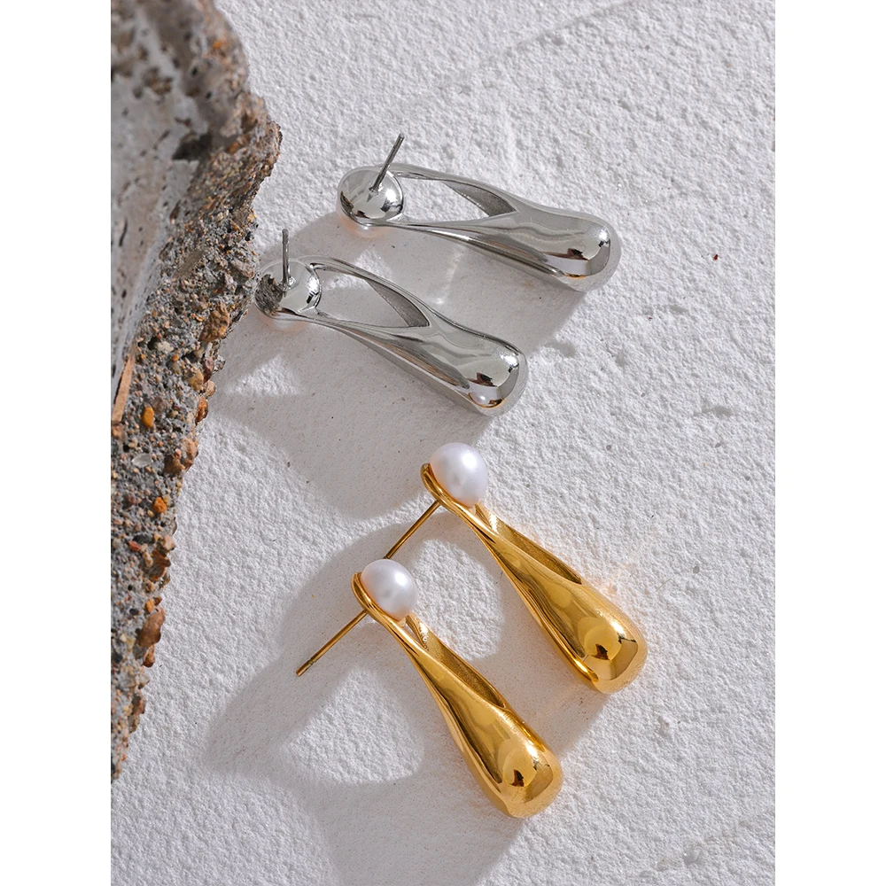 Yhpup Natural Pearl Stainless Steel Cast Geometric Elegant Long Stud Earrings Fashion Metal Golden Jewelry Prevent Allergy Gift image 5