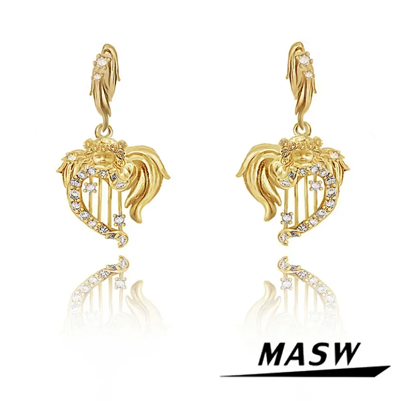 

MASW Original Design Thick Gold Color Zircon Heart Earrings For Women Girl Fairy Engagement Gift Fashion Jewelry 2024 New