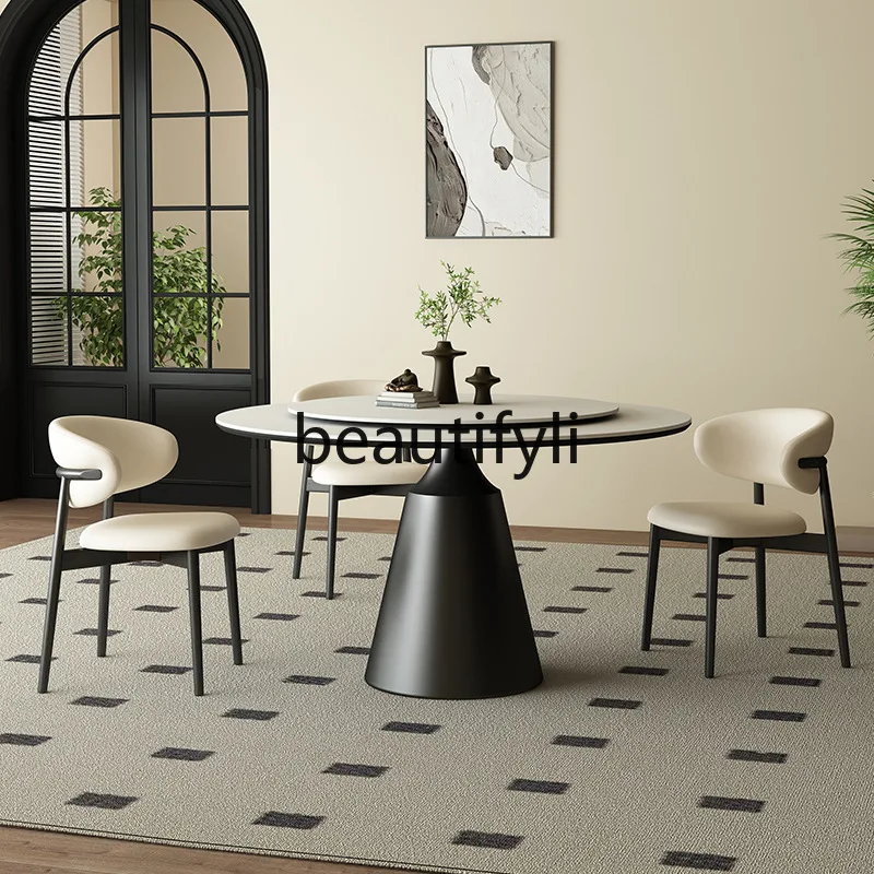 

Minimalist Light Luxury Round Rock Plate Dining Table Modern Minimalist Small Apartment Turntable Household Table and Chair