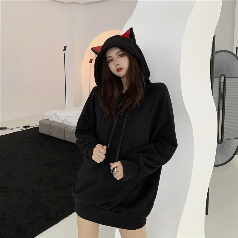 Women Fleece Thicken Cartoon Cat Ear Hoodie Sport Stylish Female Autumn Winter Pullover Tops Loose Mid-length Warmth Sweatshirt