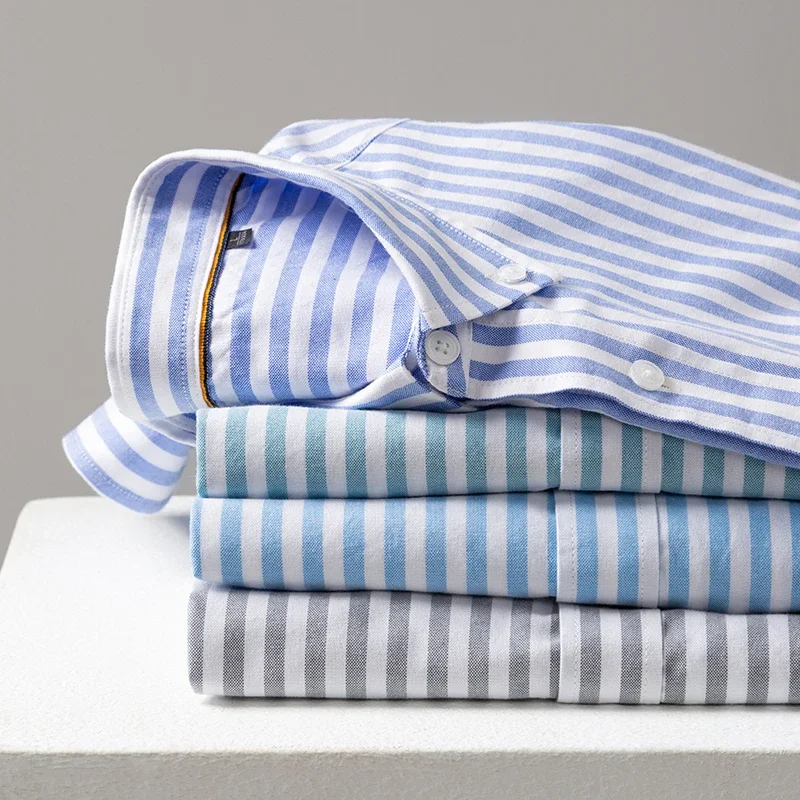 100% Cotton Oxford Men's Shirts Long Sleeves Plaid Shirt Pocket Social Blouse Striped Shirt Cotton Clothes