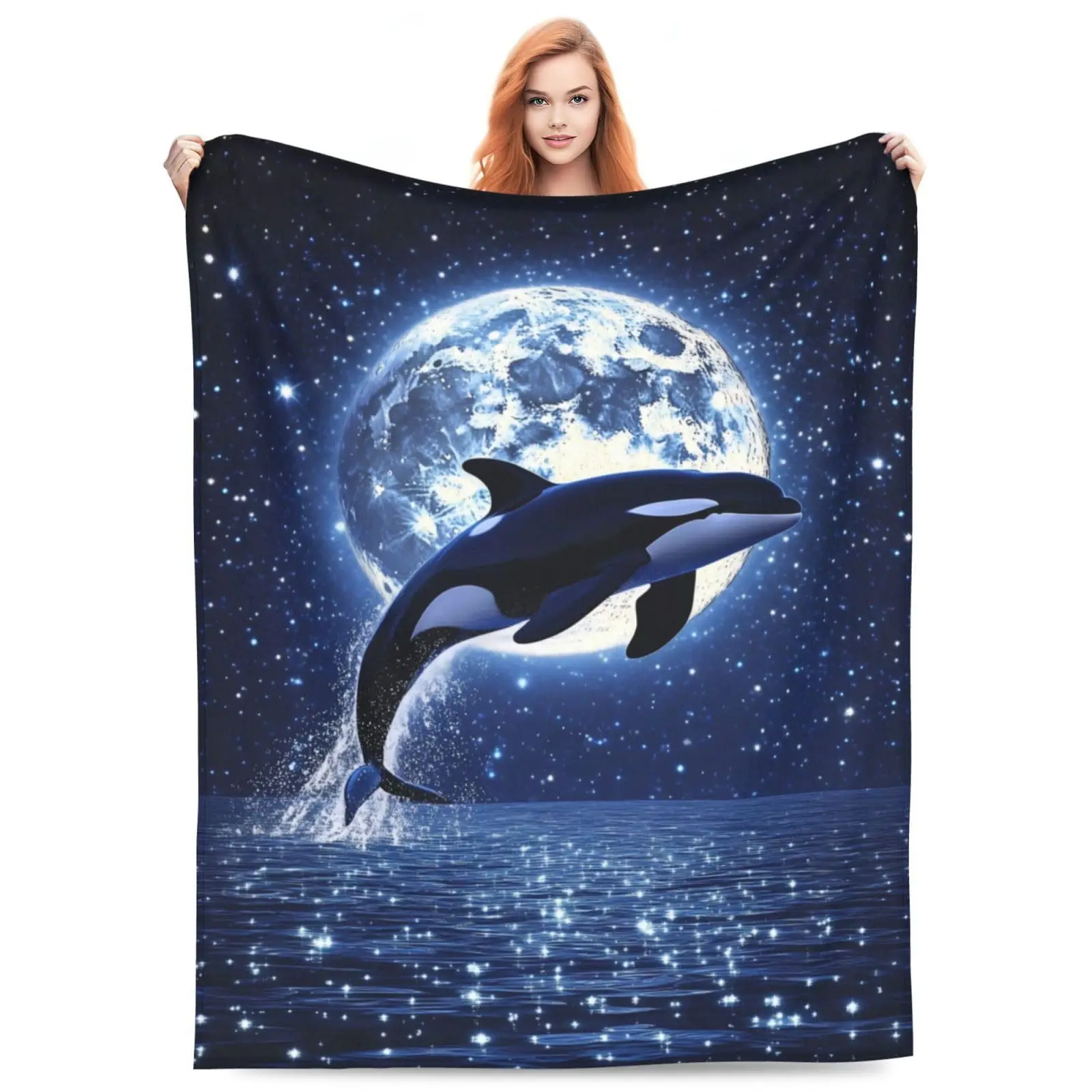 Full Moon Blanket Orca Whale Starry Night Sky Throw Couch Cover Celestial Ocean Animal Plush Blankets Living Room Sofa Bedding