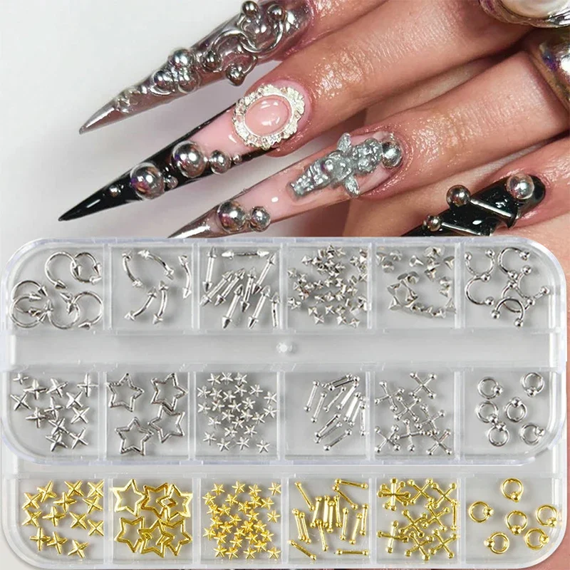 Décoration d'ongles gothique Punk rétro en métal, 12 grilles, bijoux en argent, strass, accessoires de décoration d'ongles Glamour à faire soi-même