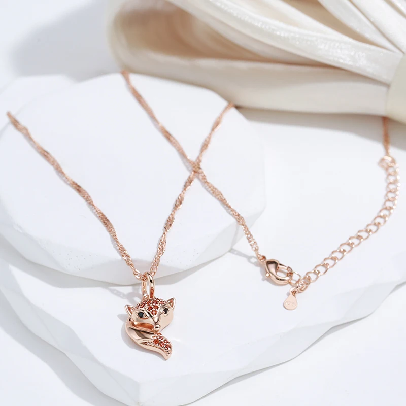 SYOUJYO Red Natural Zircon Fox Pendant Necklace For Women 585 Rose Gold Color Animal-shaped Fine Jewelry