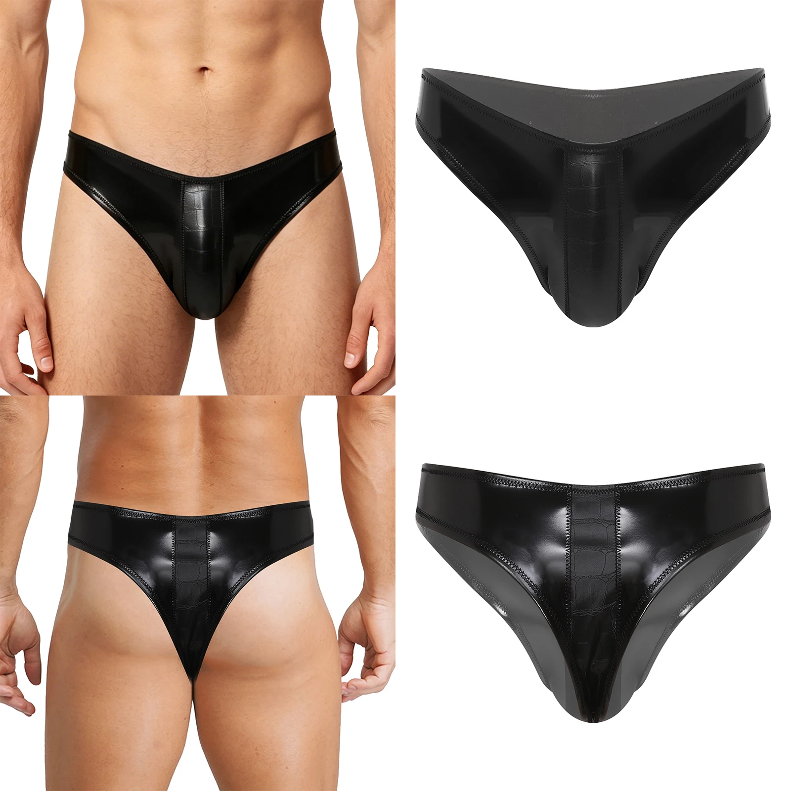 

Men Glossy PU Leather Low Rise G-string Briefs Bulge Pouch Underwear Lingerie for Beach Pool Nightclub Rave Party Couple Games