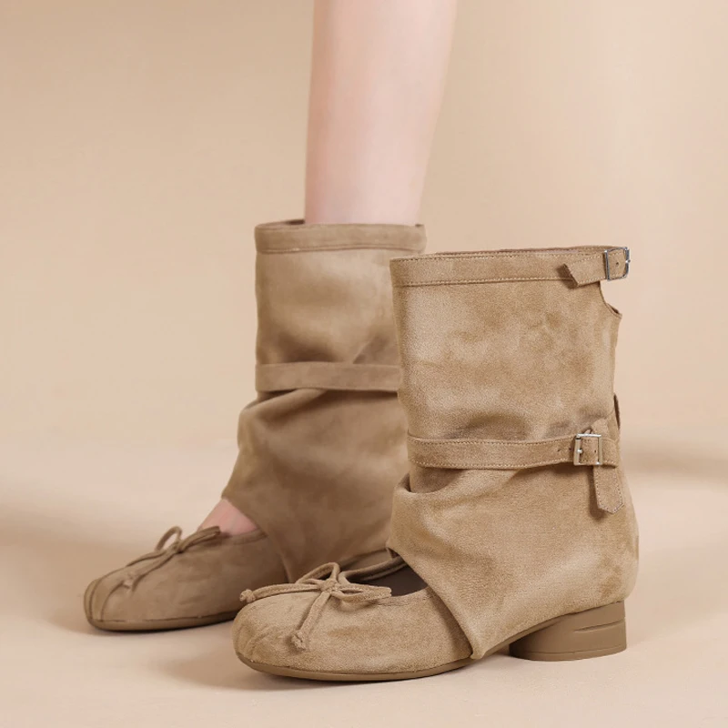 Nuevas Botas de Verano para Mujer con Diseño Recortado, Zapatos de Dama con Lazo, Tacón Grueso, Botines Plisados de Estilo Cowboy WSH5862