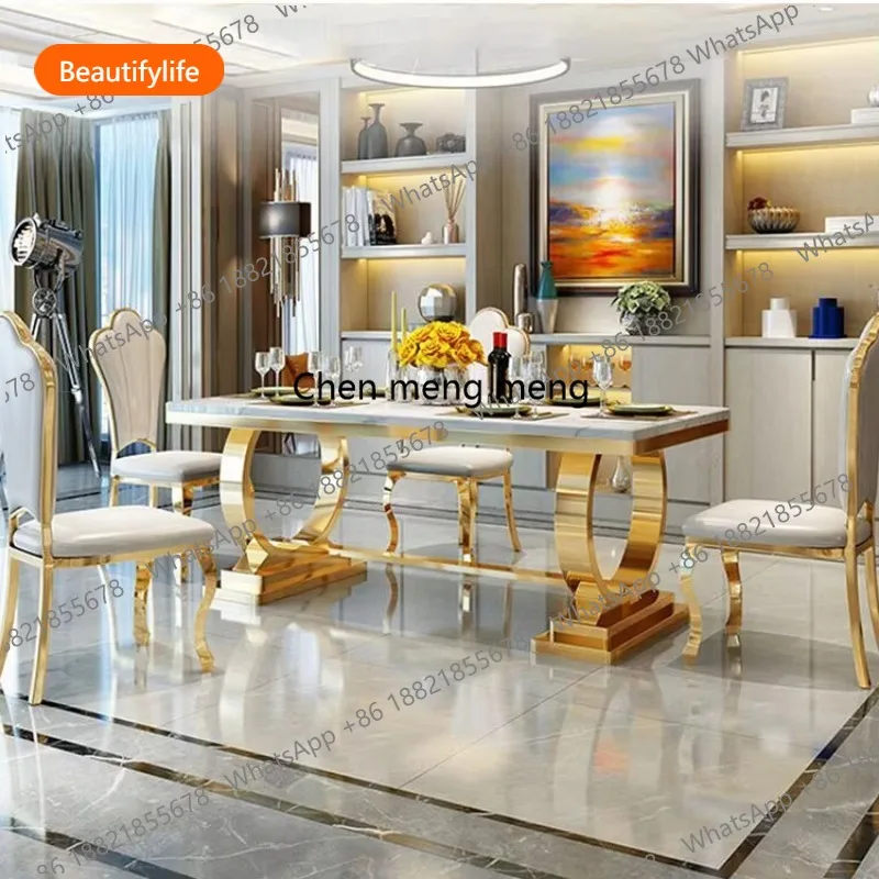 Luxury Restaurant Restaurant  Gold White Stainless Steel Marble Glass Dining Table  ,only  Dining Table , no chair A55