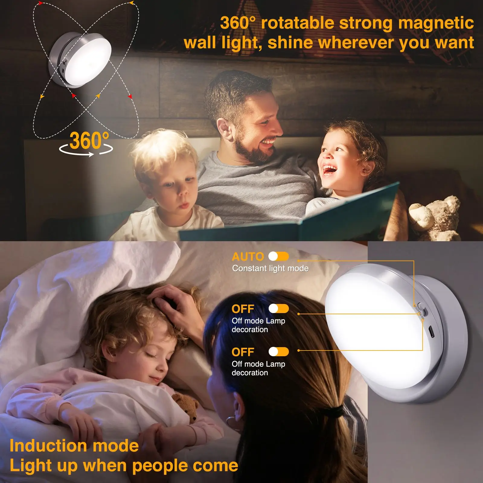 Wireless Ring Dynamic 360° Rotating LED Night Light Motion Sensor Cabinet Light Portable Night Light Bedroom Hallway Kitchen