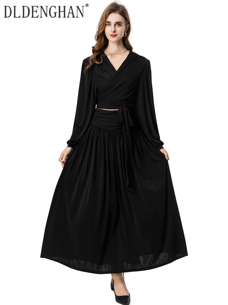 DLDENGHAN Women's V-neck Lantern Sleeve Lace-Up Short Top with Long Big Pendulum Skirt 2-Piece Set for Vacation Autumn