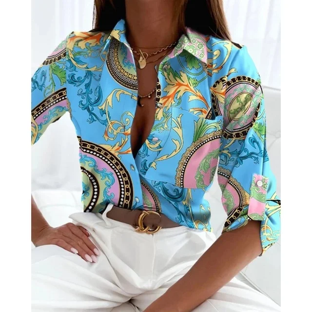 

Spring Autumn Faion Printed irt Stand Collar Long Sve Women's Top S4XL 2023 New Arrival Ladies' Premium Quali Blouse