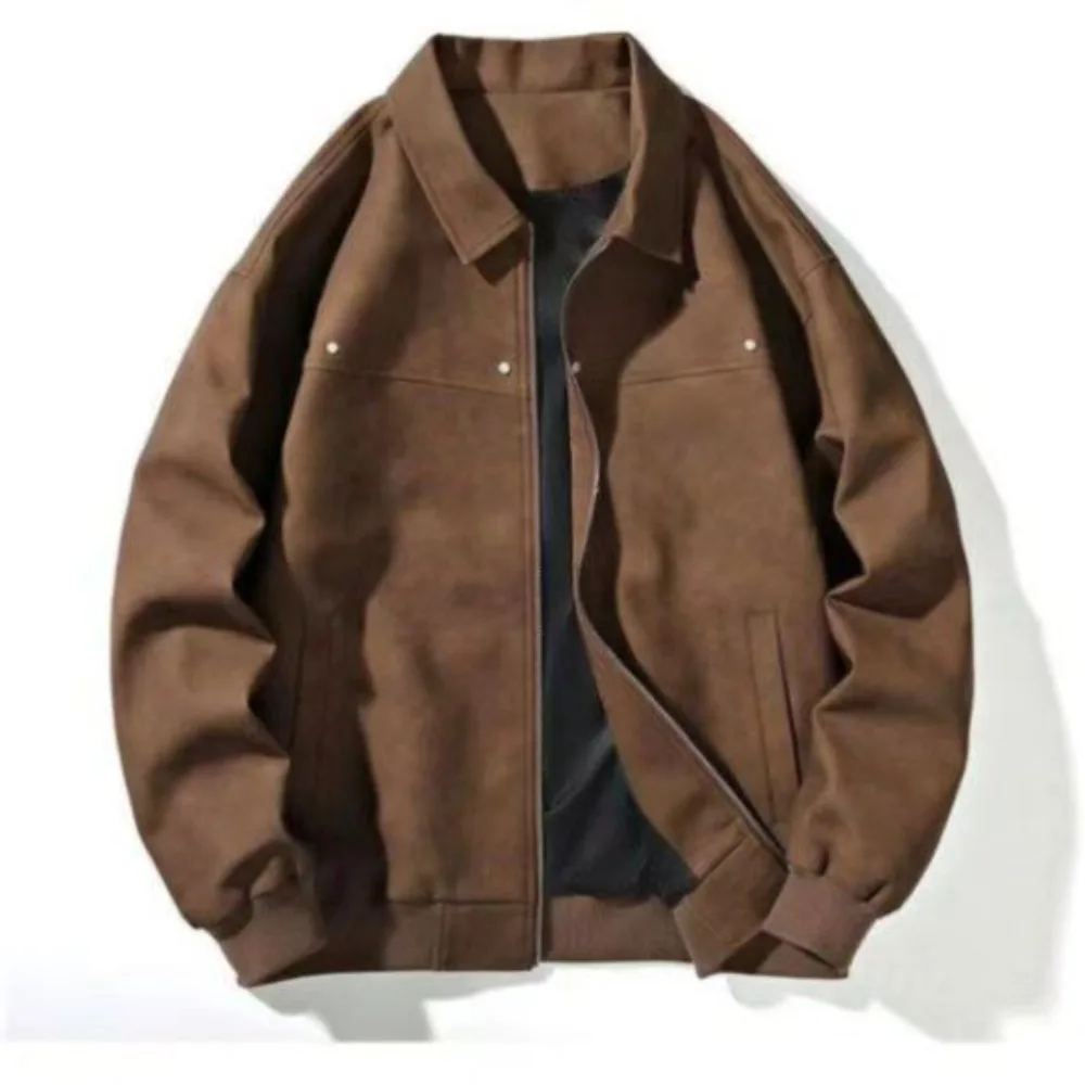 

Fashion Loose Fit Men Jackets Thick Solid Color Turn Down Collar Jacket Long Sleeves Windproof Flight Jacket American Style