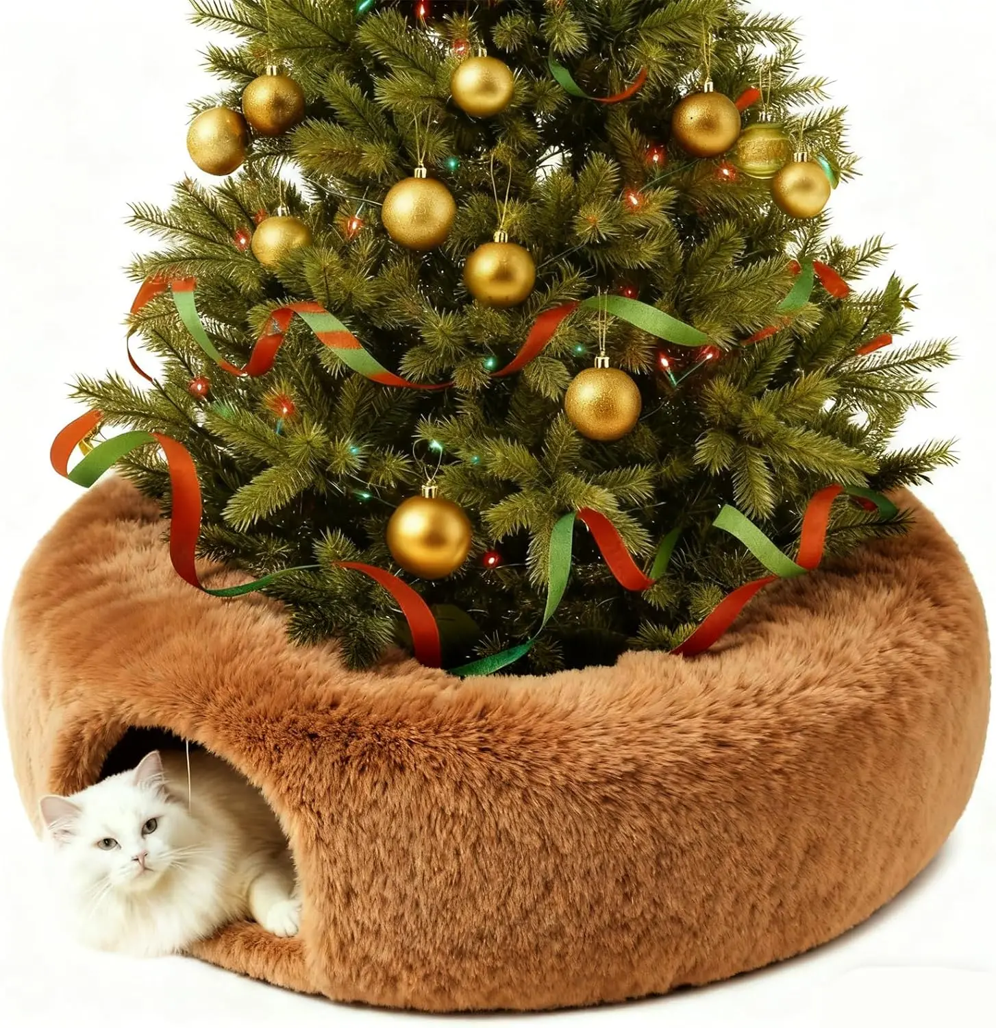 

Юбка для рождественской елки в туннеле для кошек, мягкая плюшевая кровать для котенка с моющейся подушкой, круглый дизайн Peekaboo с двумя входами (коричневый)