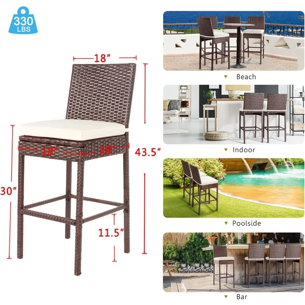 Outdoor Bar Stools Wicker Woven Patio Stools & Patio Bar Chairs Set of 4 Counter Bar Height Stools with Footrest Armless Cushion