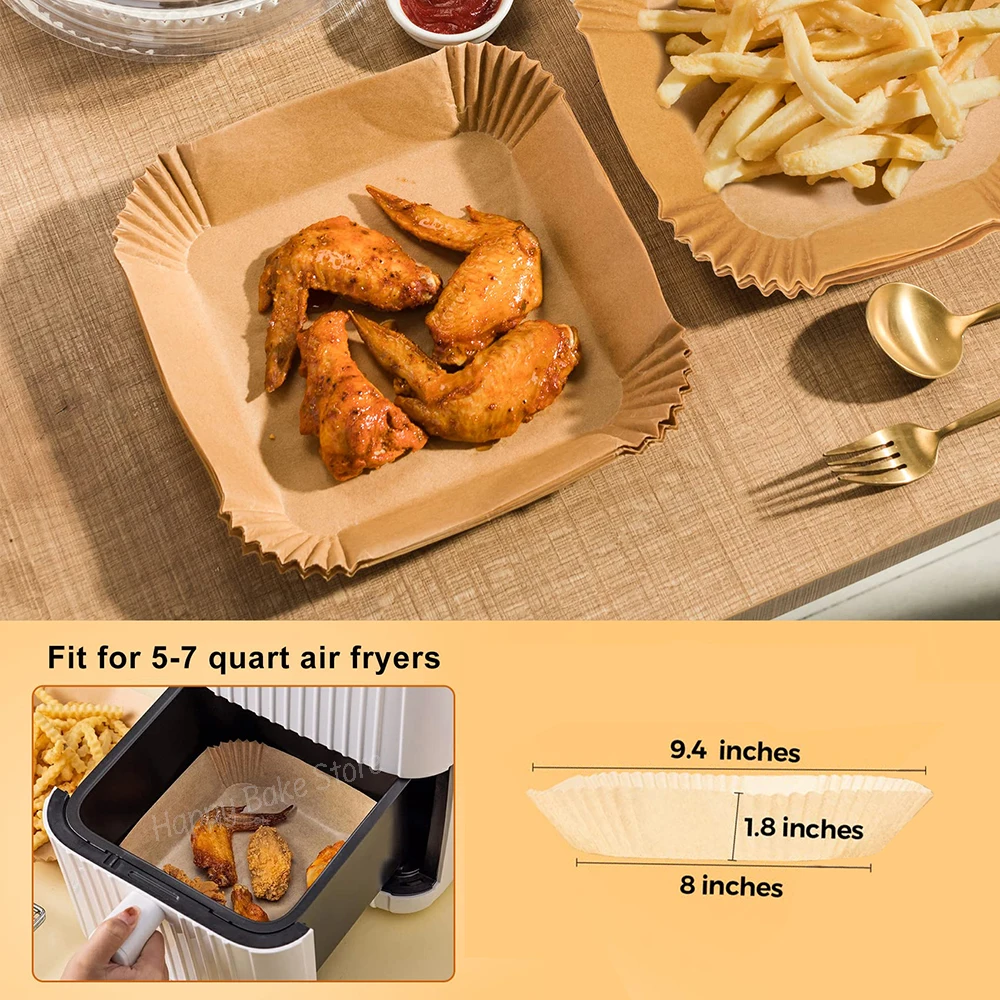 50/100PCS 8Inch Square Disposable Air Fryer Paper Liners for Air Fryer Grease and Water Proof Non Stick Basket Parchment Paper