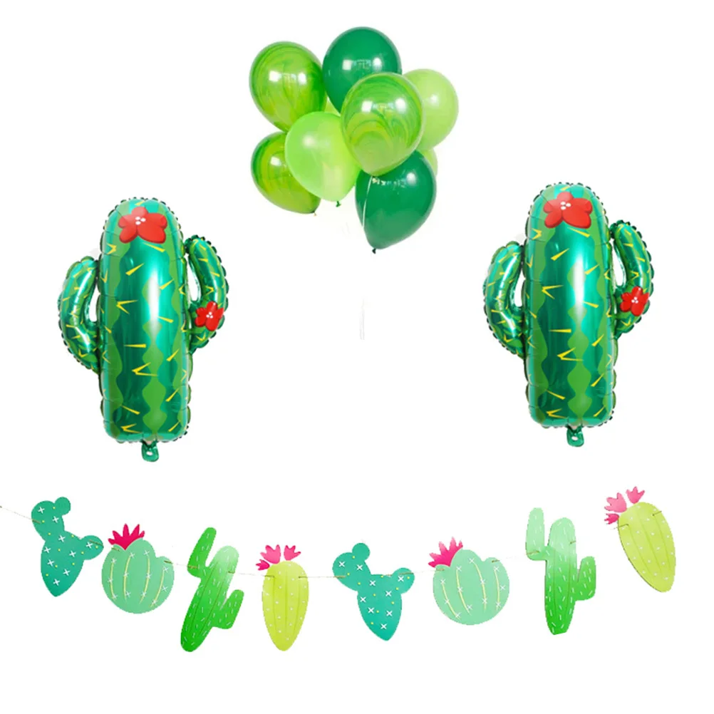 

12Pcs Cactus Balloon Banner Set Foil Balloons Round Latex Balloons Paper Garland Birthday Wedding Summer Tropical Party Decor