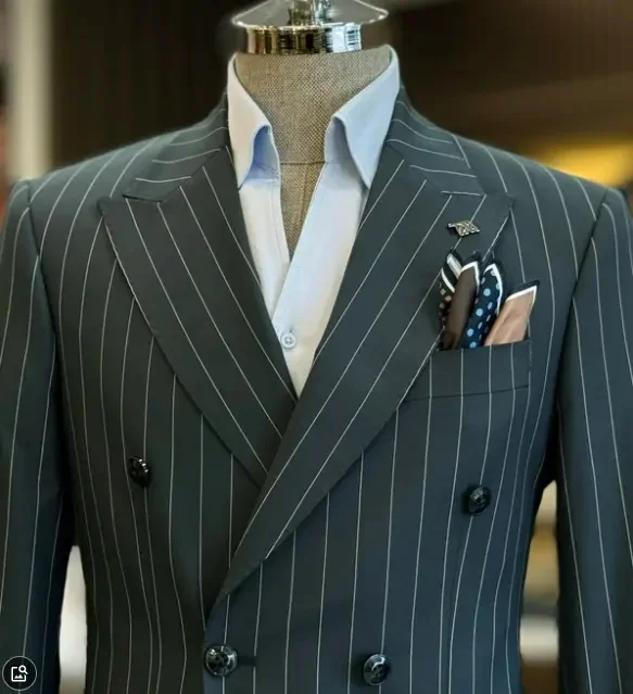 Dark Teal Pinstripe Tuxedo Double Breasted Men Peak Lapel Jacket Trousers Blazer Formal Wedding Groom Business Customized New