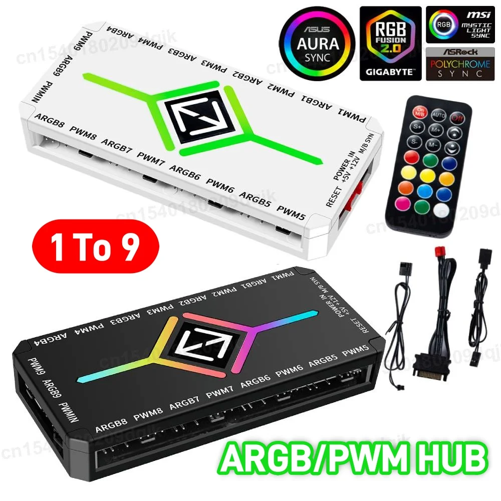 Adaptador de hub de ventilador pwm argb de 1 a 9 portas com controlador argb 5v 3 pinos ventilador de refrigeração hub divisor pwm hub de sucção magnética para caixa de pc