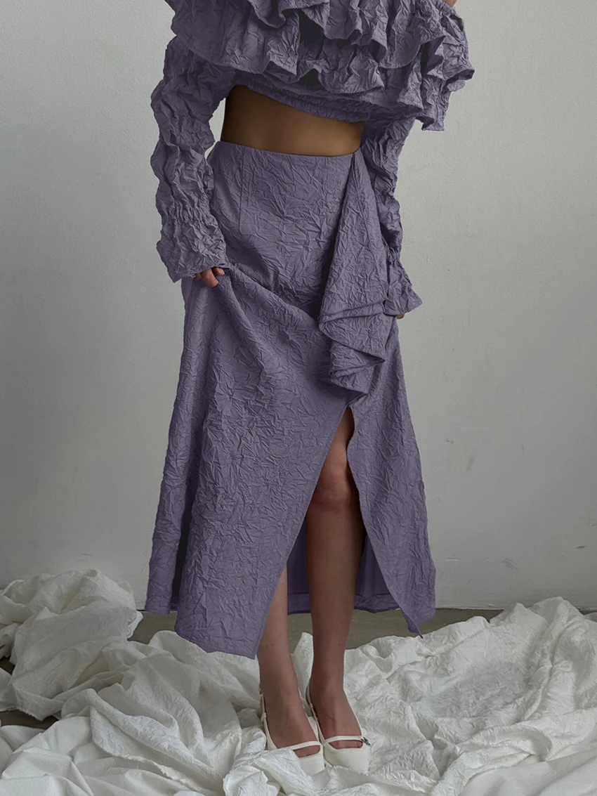 Marthaqiqi Elegant Ladies Pajama Suit Slash Neck Sleepwear Long Sleeve Nightwear Crop Top Nightgown Long Skirts Femme Pyjama Set