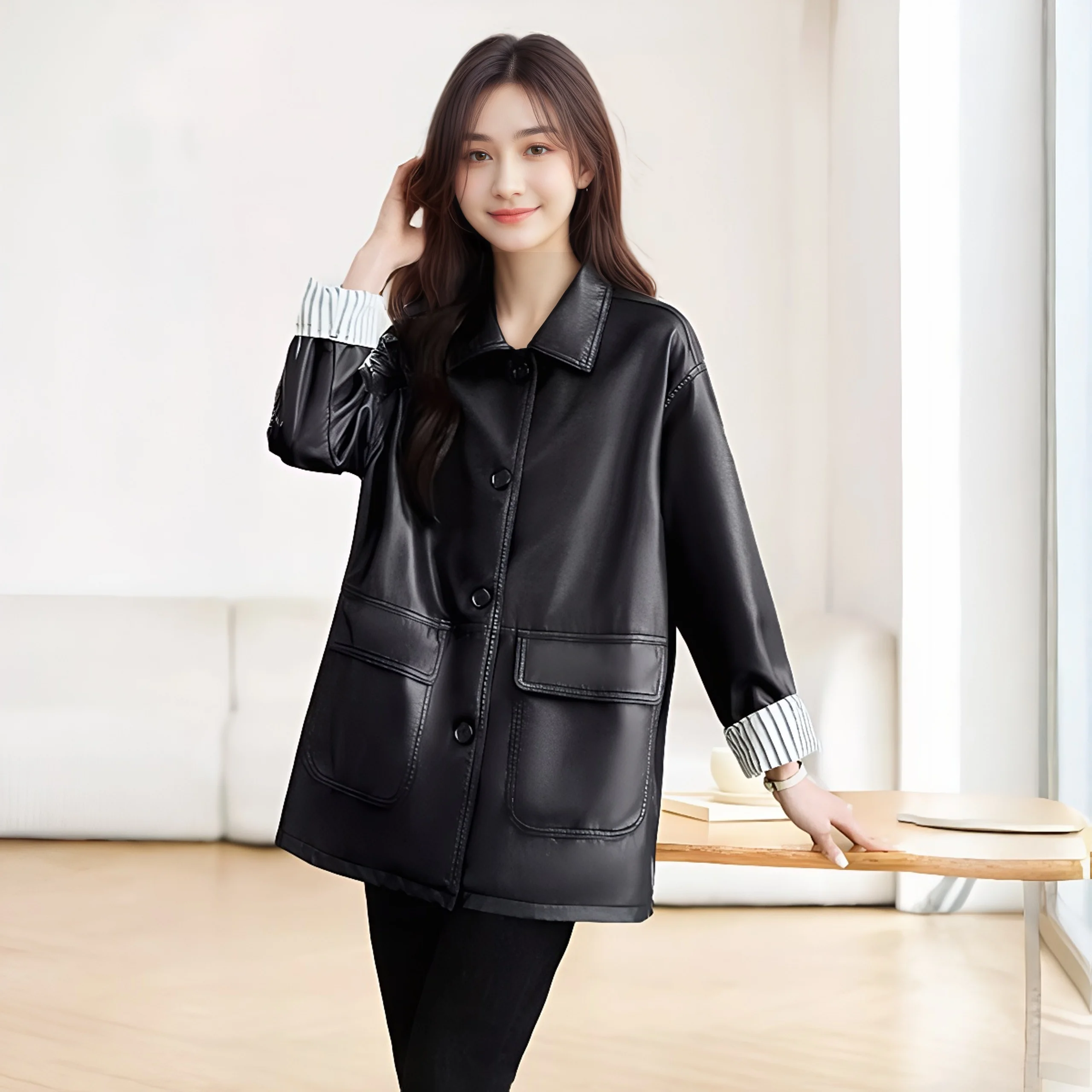 Jaet da donna in pelle di media lunghezza colletto rovesciato casual Hong Kong Sle vestibilità ampia autunno inverno cappotto vintage di fascia alta