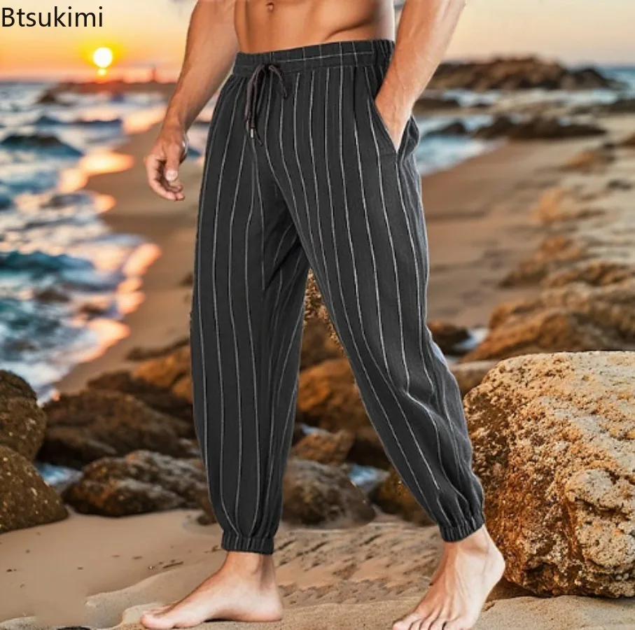 Fashion Striped Summer Linen Pants Men's Casual Breathable Beach Trousers with Pockets Simple Versatile Baggy Sweatpants for Men