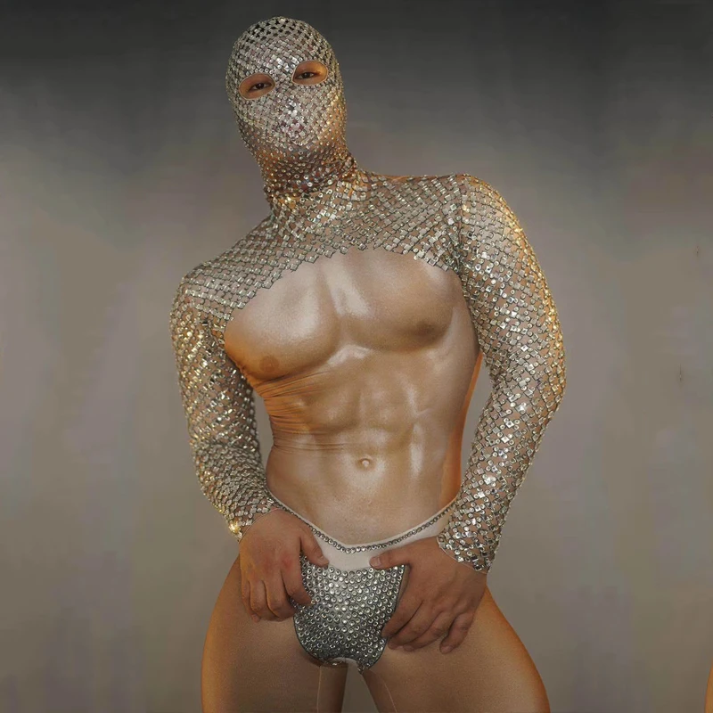 Nightclub Muscle Nude Bodysuit Rhinestone Head Cover Male DJ Gogo Dance Costume For Men Rave Outfit Festival Party Stage Clothes