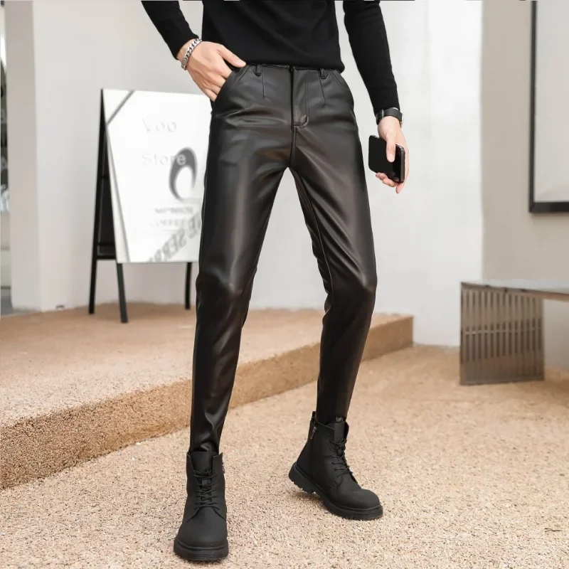 2024 New Arrived Skinny Biker Leather Pants Mens New Faux Leather Biker Trousers for Male Trouser Stage Club Wear