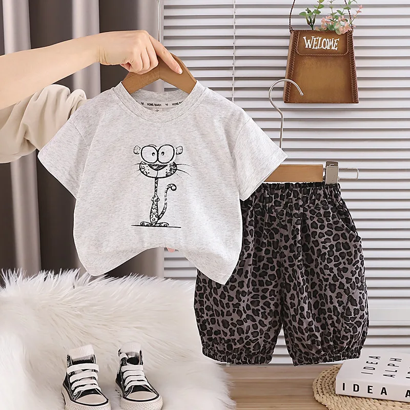 Boys Summer Outfit Kids Cute Leopard Print T-shirt and Shorts Two Piece Set Children Cotton Breathable Casual Toddler Clothes