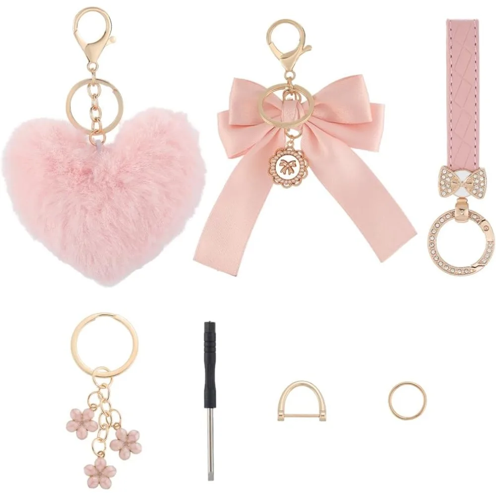 4Pcs 4 Styles White/Pink Key Chain Wristlet Heart Pearl Flower Charms Sets for Purses Lanyards Bags Decor