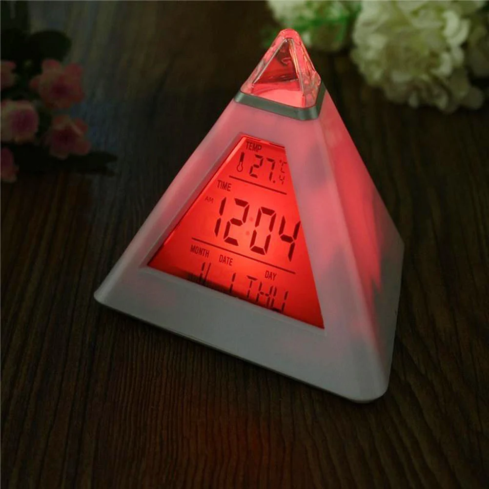 

Multifunctional LED Pyramid Alarm Clock Changing Light Music Snooze Night Mode Indoor Temperature Display