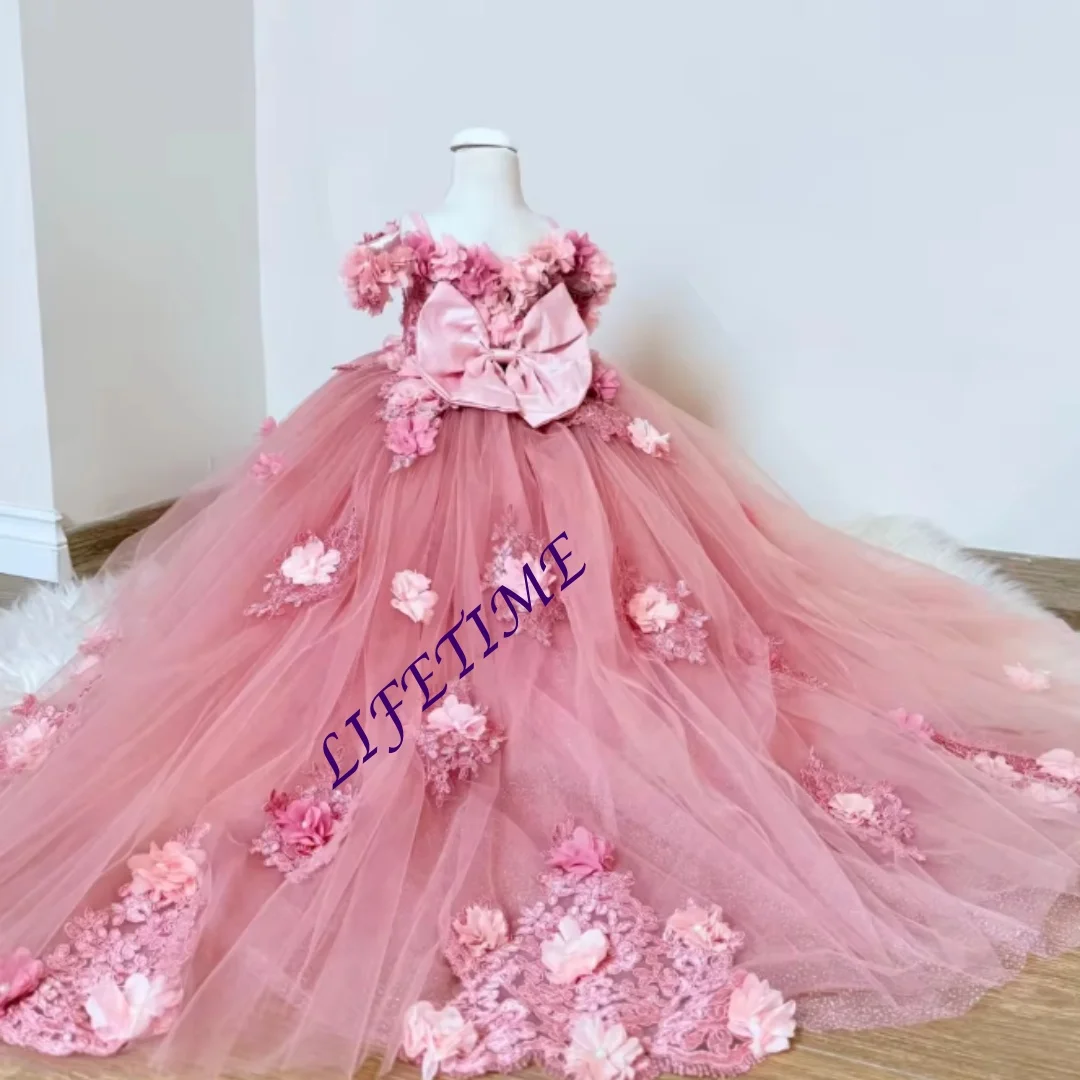 Personalizado roxo flor menina vestido apliques rendas fora do ombro brilhante tule vestidos de baile para festa de aniversário de casamento primeira comunhão