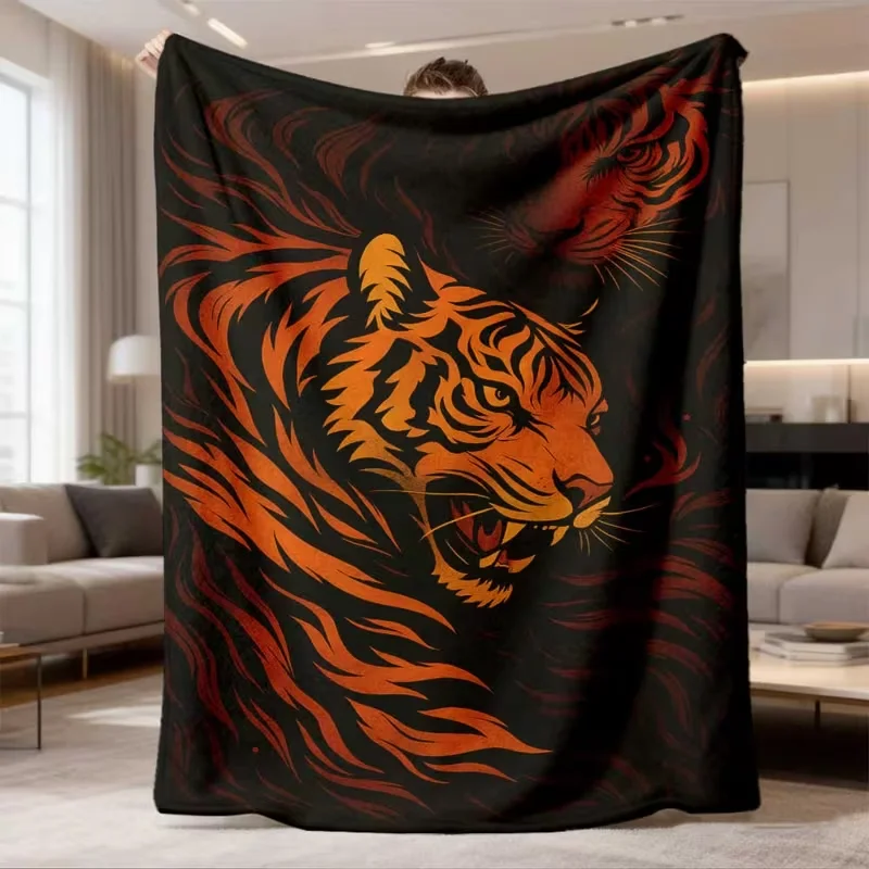 Cool Retro Tiger Head Flame Stripe Print Blanket Ferocious Tiger Pattern Soft Warm Trendy Home Decor Blanket All Season