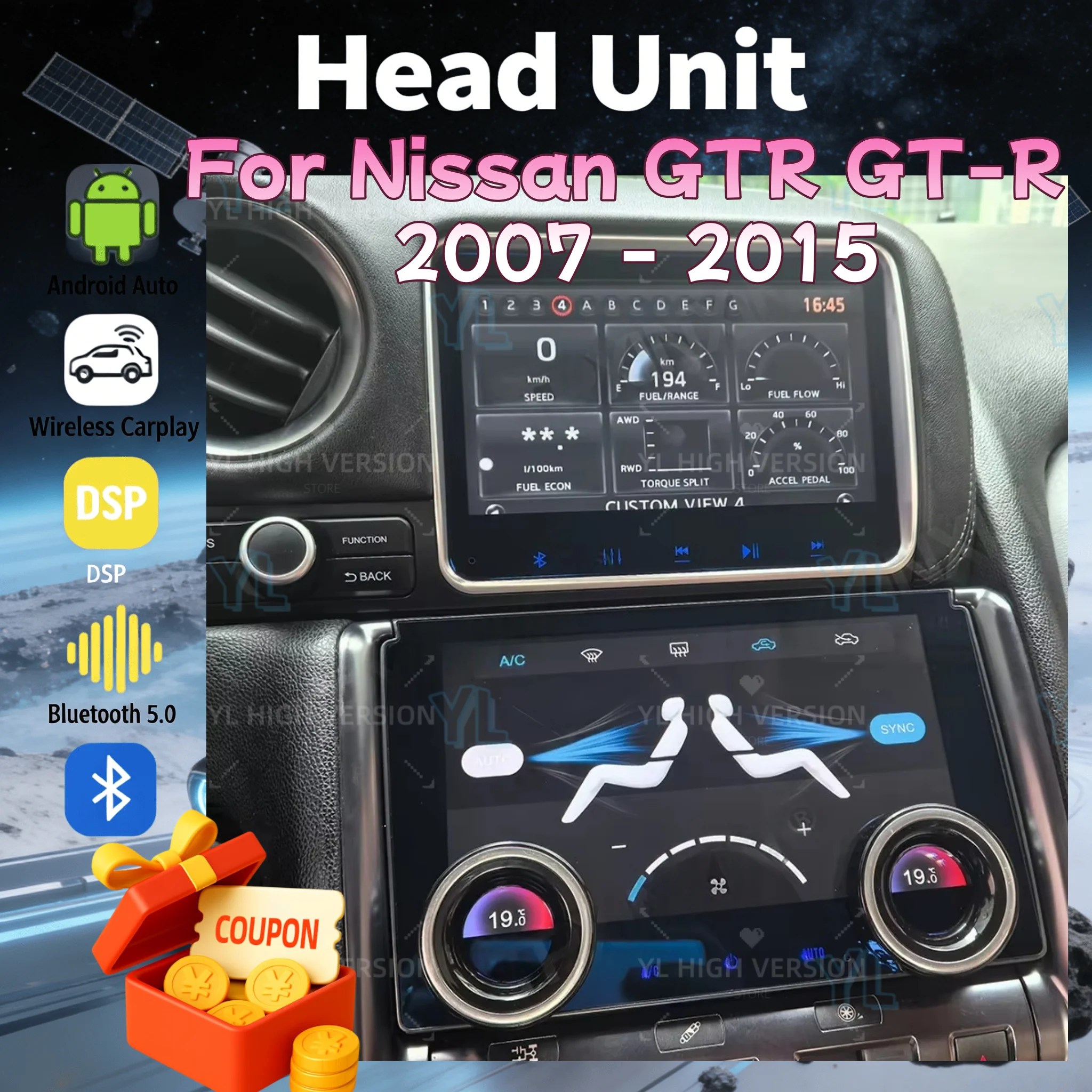 

Автомагнитола Y Car Radio GPS для Nissan GT-R GTR R35 2007-2015, Android 13, беспроводной Carplay, мультимедийная система, панель управления климат-контролем, навигация, Bluetooth 5.0