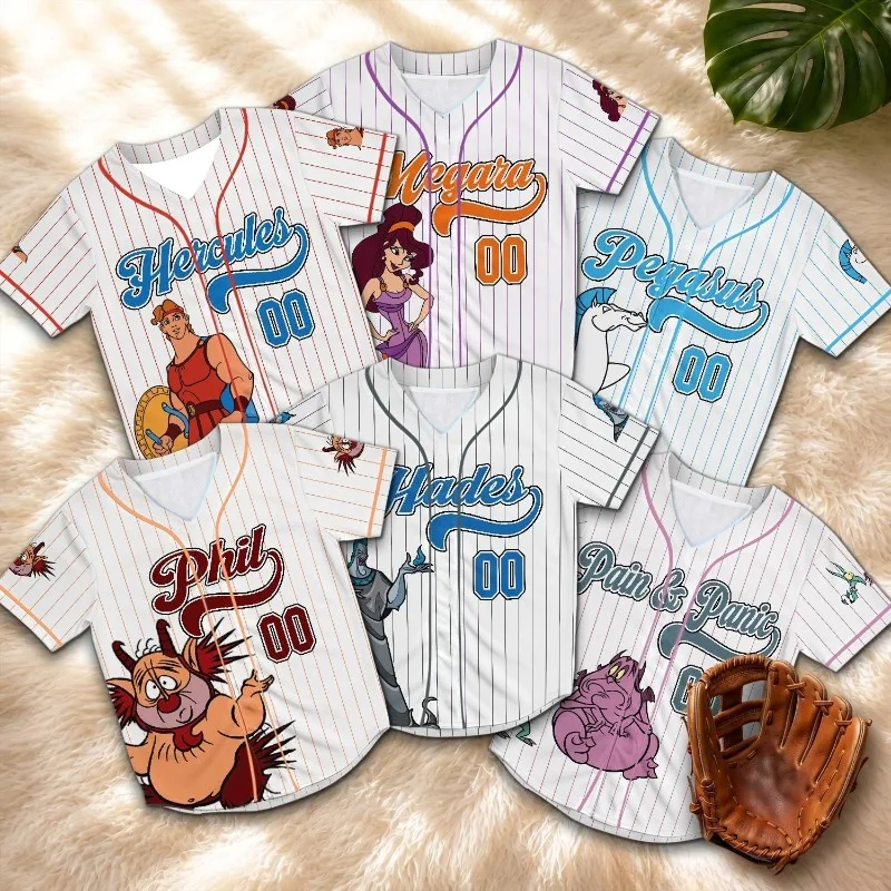 Hercules Cartoon Baseball Trikot Megara Pegasus gestreiftes Sportshirt, passendes Freizeit-Urlaubsshirt für Herren, Damen und Kinder