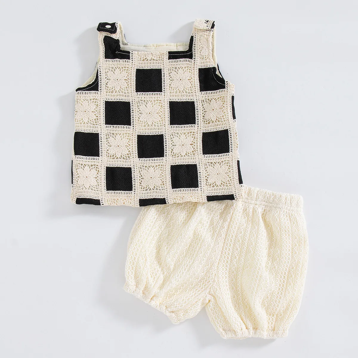 

2026 Summer New Girls Sleeveless Clothes Set Baby Girl Fashion Plaid Vest + Shorts 2pcs Suit Hollowed Toddler Outfits