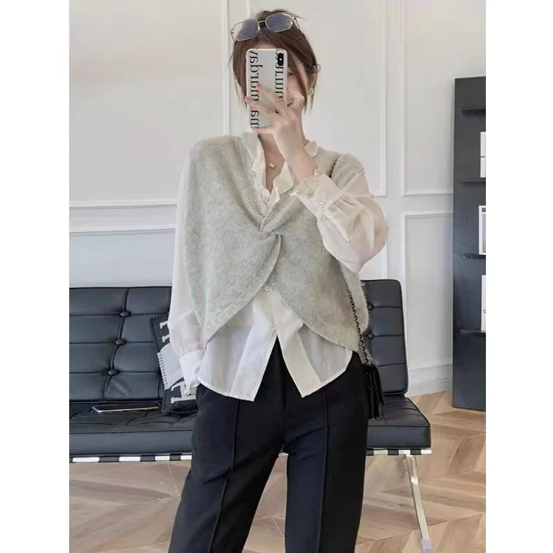 Temperament cross twist flower WOOL WAISTcoat FEMALE languID lazy vest V neck knit SWEATER loose pullover sleevELESS sweater