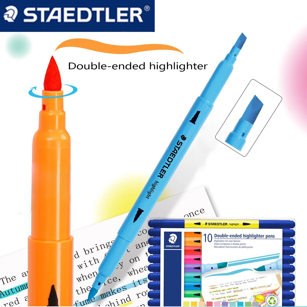 10 Color/set New STAEDTLER Double-ended Highlighter Brush Tip and Chisel Tip 1.0-5.0mm Back To School Stationery Art Support