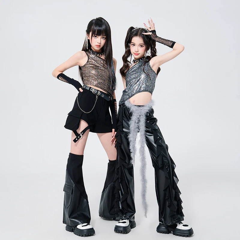

Children Ballroom Hip Hop Dance Costumes For Girls Sloping Shoulder Top Loose Pants Outfits Streetwear Jazz Clothing DQS19479