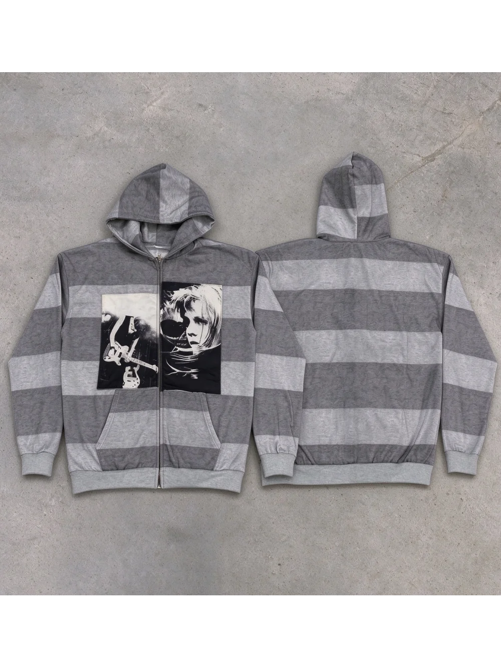 New Autumn And Winter Retro Punk Portrait And Guitar Printed Striped Hoodie For Both Men And Women, Street Casual Trend Niche