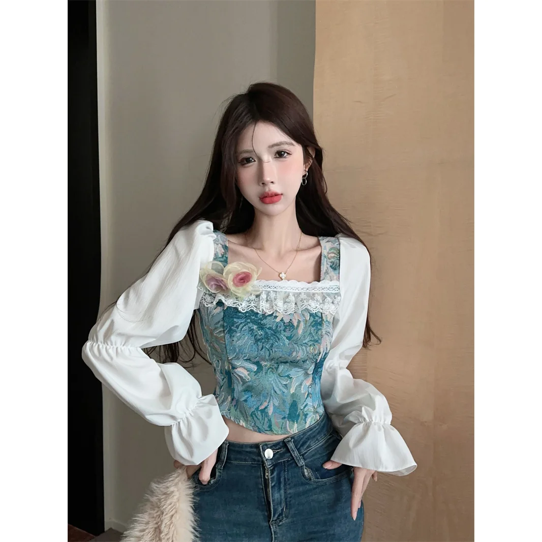 French Vintage Temperament Bishop Sleeve Square Neck Jacquard Weave Women Spring Puff Sleeve Floral Slim Comfortable Short Tops