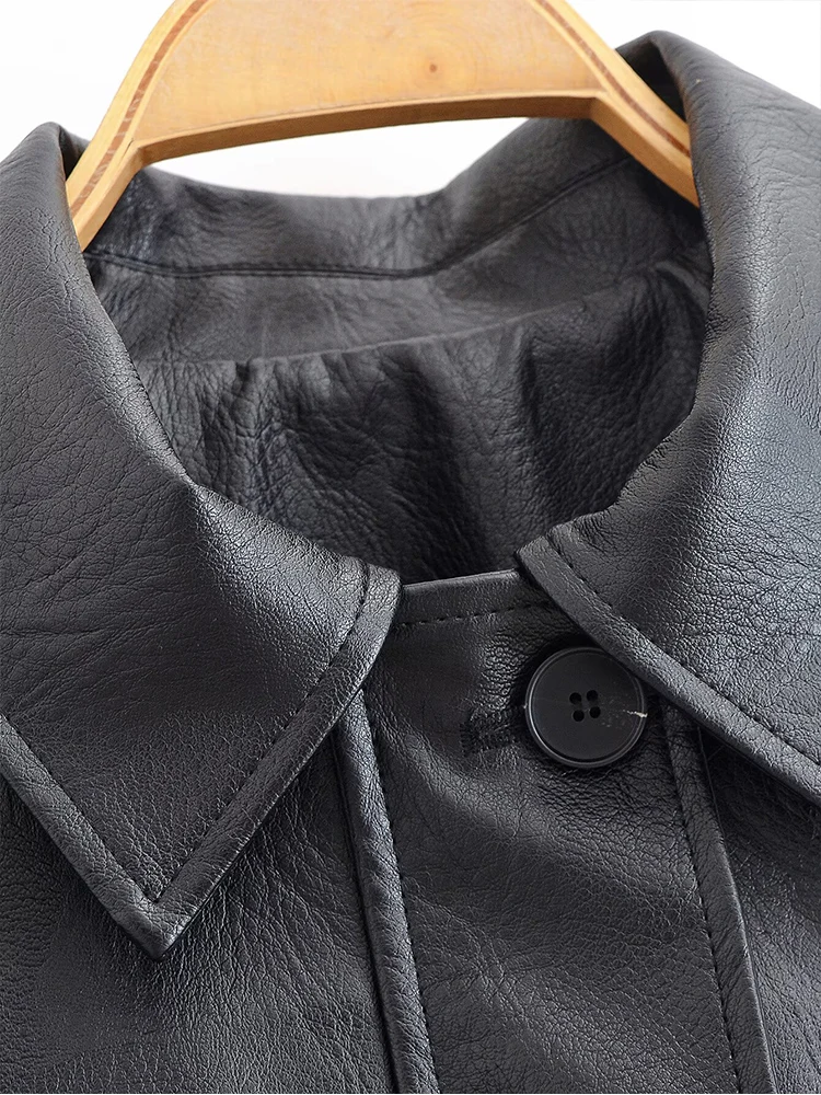 European style new women's fashion versatile temperament loose pocket imitation leather pilot jacket leather coat