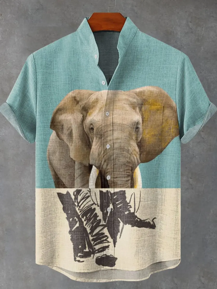 

Fashion 2025 summer 3D printed animal elephant design pattern men's linen short sleeved shirt stand collar single row button up