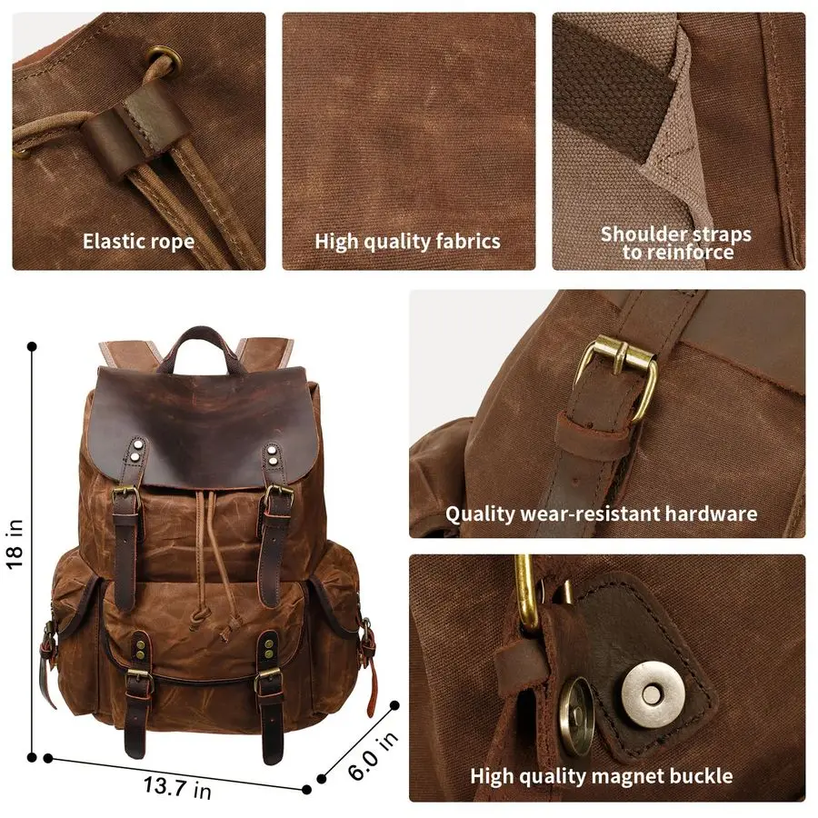 Sac à dos en cuir, sac à dos en toile cirée vintage pour le travail d'ampli de voyage, sac à dos décontracté pour hommes M80 marron