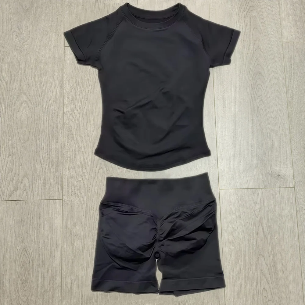 2-delige Impact Sports-set voor dames, naadloze yoga-top met korte mouwen en hardloopsportshorts, fitness-gym-workout-outfit