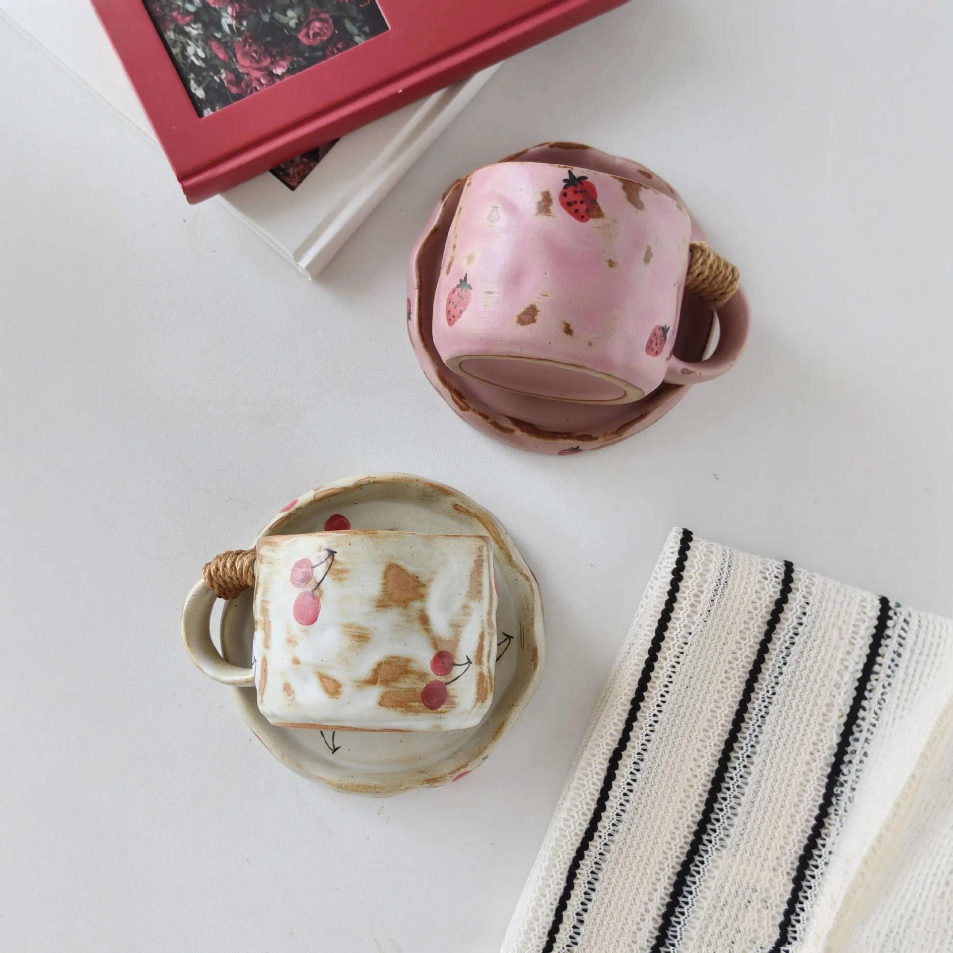 كوب قهوة من السيراميك بنمط الفراولة الكرتونية مع كوب إفطار من البورسلين مع مقبض #5