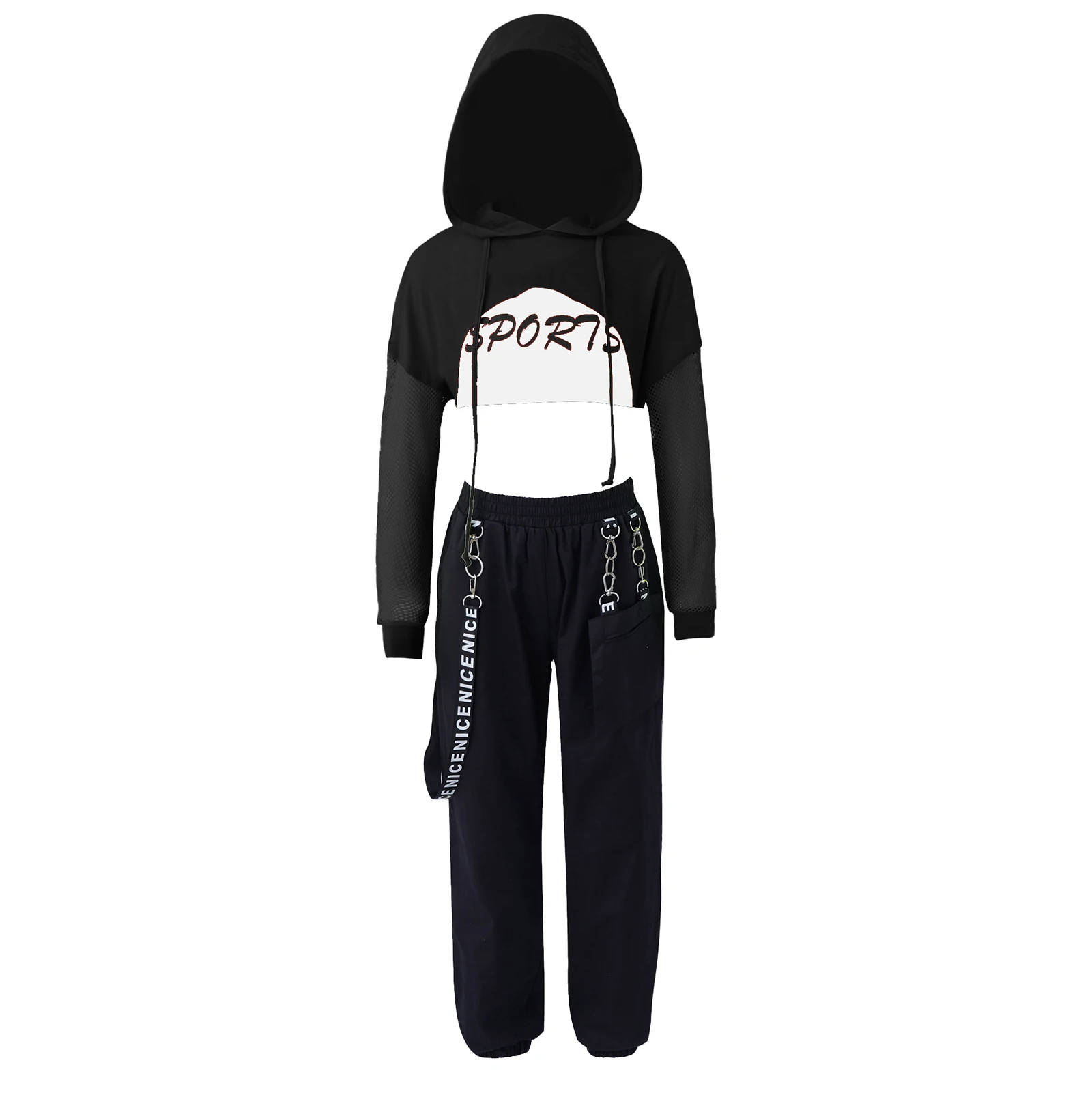 Criança meninas jazz moderno hip hop dança outfit 3 pçs com capuz mangas compridas net cobrir topos + colete calça desempenho dancewear roupas esportivas