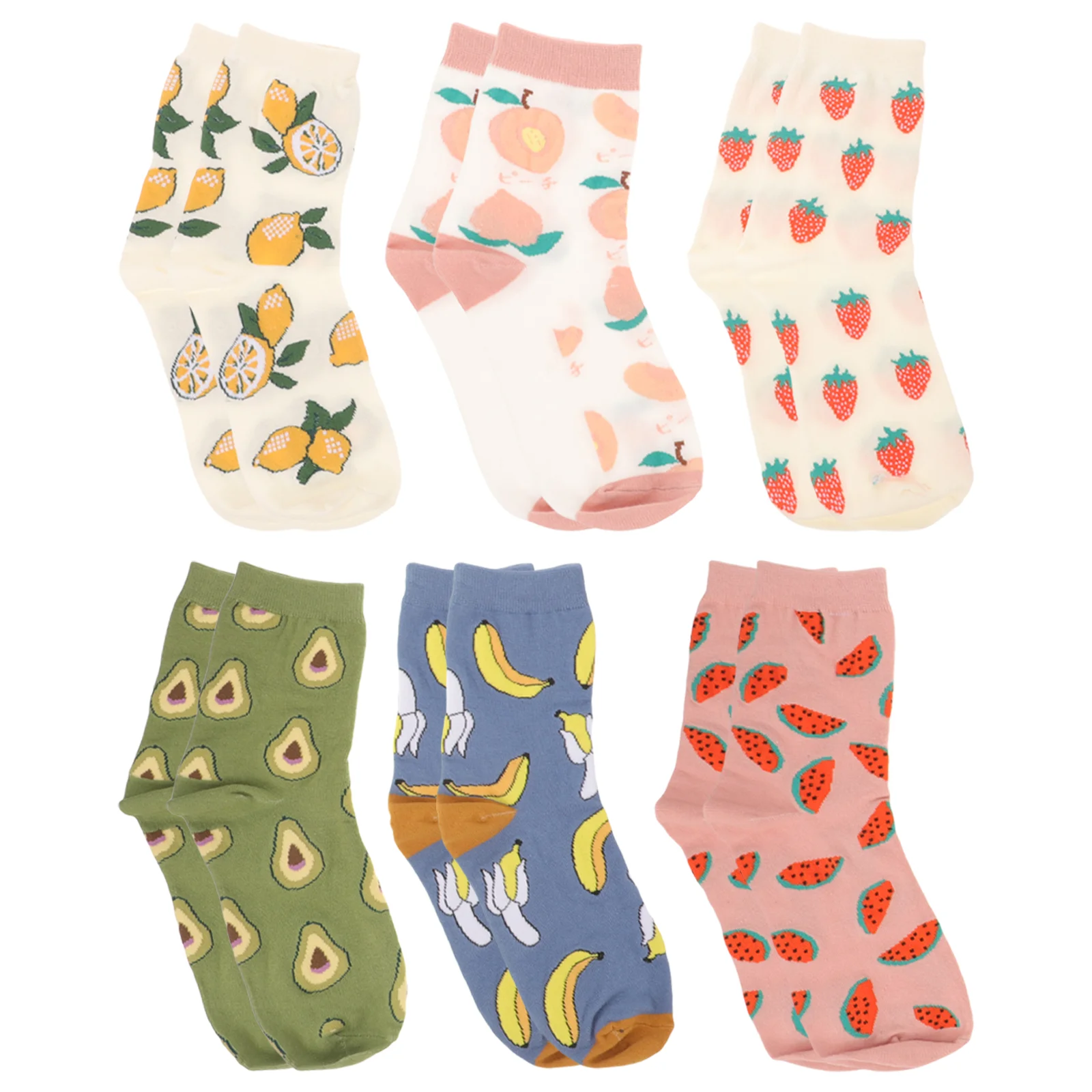 

6 Pairs Women Cotton Dress Socks Fruit Women's Mid-calf Length Cute Crew Combed Pattern Stockings for