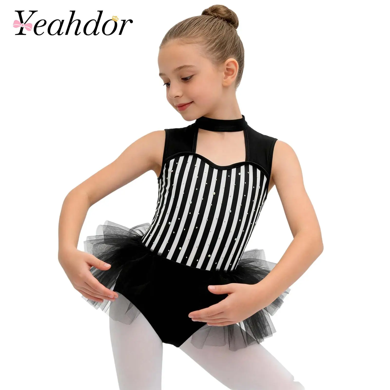 Girls Circus Ringmaster Costume Stripe Jumpsuit Gymnastics Ballet Dance Leotard Skating Costume Children Mesh Ruffled Bodysuit