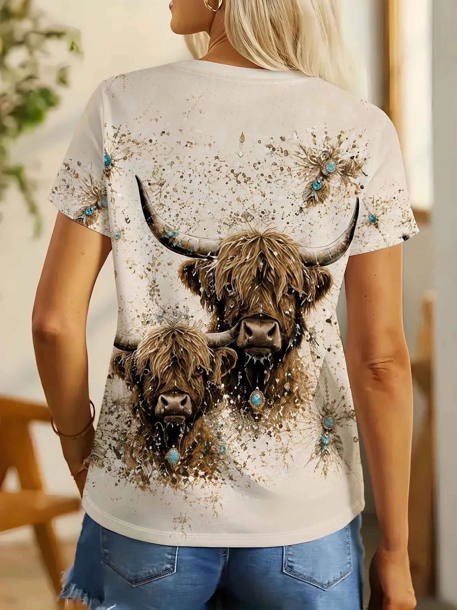 Women T‑shirt Short Sleeve Western Highland Cow Graphic Round Neck Boho Vintage Casual Fashion Women's Tee Top Street Clothes